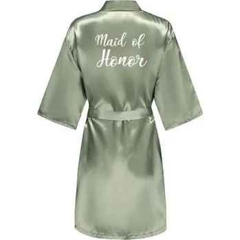 Dámské noční prádlo Zelený dámský župan z umělého hedvábí Elegantní lehký župan na zavazování s nápisem MAID OF HONOR Stylový oděv pro hlavní družičku XL