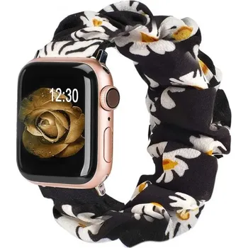 Měkký černý elastický řemínek s bílými květy S 119–160 mm pro Apple Watch 38 40 41 mm Series 1–9 SE SE2 Pružný pohodlný pásek
