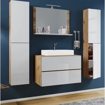 Koupelnový nábytek Vcm 5dílná umyvadlová skříňka Lendas XL 60 cm se zrcadlem a 2 vysokými skříňkami, dub medový