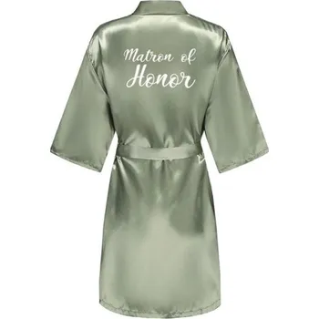 Dámské noční prádlo Zelený dámský župan z umělého hedvábí Elegantní lehký župan na zavazování s nápisem MATRON OF HONOR Stylový oděv pro čestnou družičku XXL