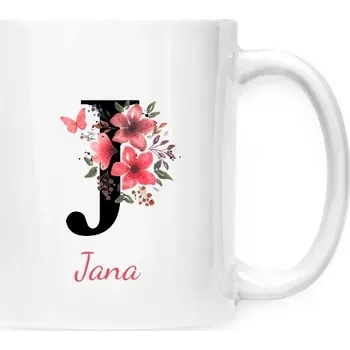 Hrnek malý bílý s potiskem Květinové písmeno J s upravitelným jménem