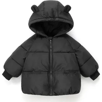 Dětská zimní bunda na zip s kapucí s ušima a kapsami Unisex teplý bavlněno-polyesterový kabátek pro chlapce i dívky Pohodlné zimní oblečení černá 18-24 měsíců