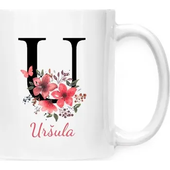 Hrnek malý bílý s potiskem Květinové písmeno U s upravitelným jménem