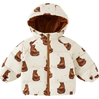 Dětská zimní bunda unisex s motivem medvědů Bunda na zip s kapucí Teplý kabátek z polyesteru Hřejivé pohodlné zimní oblečení pro chlapce i dívky 3