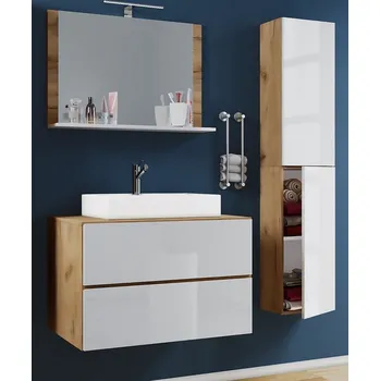 Koupelnový nábytek Vcm 4dílná umyvadlová skříňka Lendas M 60 cm se zrcadlem a vysokou skříňkou, dub medový