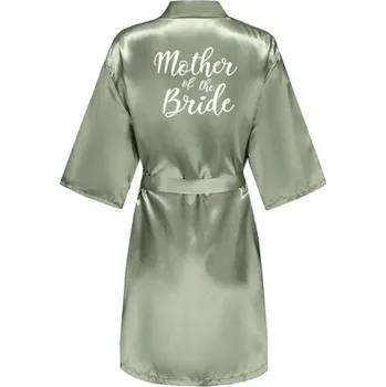 Dámské noční prádlo Zelený dámský župan z umělého hedvábí Elegantní lehký župan na zavazování s nápisem MOTHER OF THE BRIDE Stylový oděv pro matku nevěsty S