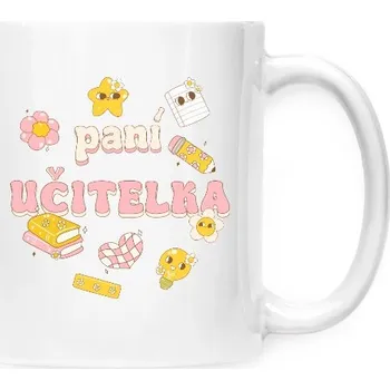 Hrnek malý bílý s potiskem Nápis paní učitelka v retro stylu se jménem