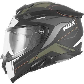 Helma na motorku Výklopná helma na motorku NOX N967 Conquer matná černo-khaki-oranžová