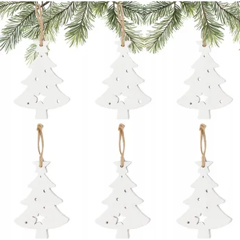 Vánoční dekorace Dřevěné závěsky Bílé ozdoby vánoční baňky na stromeček přírodní juta 6 ks