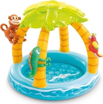 Dětský bazének Intex 58417 TROPICAL ISLAND 102x86 cm Bazének ve tvaru tropického ostrova se stříškou pro nejmenší od 1 roku Proměňte zahradu v tropický ostrov. Intex Tropical Island 58417 nabídne batolitovi roztomilý tvar, nafukovací podlahu a stínící stř