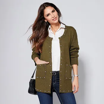 Dámský svetr Svetr s metalickými cvočky khaki S