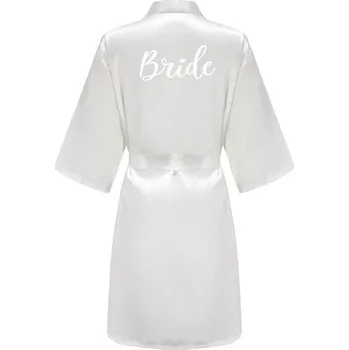 Dámské noční prádlo Bílý dámský svatební župan z umělého hedvábí Elegantní lehký župan na zavazování s nápisem BRIDE Jemný pohodlný oděv pro nevěstu L