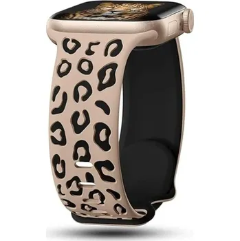 Gravírovaný řemínek 42 mm 44 mm 45 mm 49 mm pro Apple Watch řady 1–9 SE SE2 Ultra Silikonový pásek s leopardím vzorem Nastavitelná velikost Prémiový silikon černo-meruňková