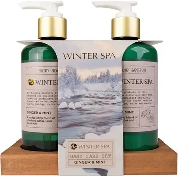 Kosmetická sada Winter Spa set péče o ruce s vůní zázvoru a máty na dřevěném tácku 2 x 290 ml