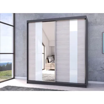 Šatní skříň MURPHY 32 šatní skříň 200, grafit/bříza kalhut/zrcadlo/bílé sklo