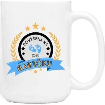 Hrnek velký s potiskem Povýšena na babičku chlapečka s upravitelným datem