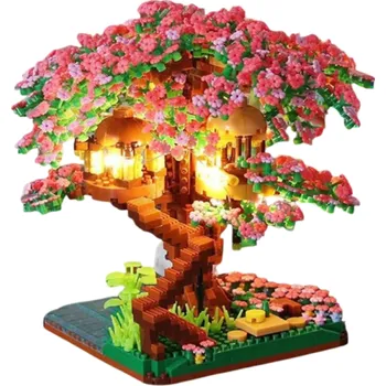ostatní stavebnice Rozšířená mikro stavebnice Domek na stromě se sakurami 16 x 5.9 x 15 cm Kreativní čínská krajina s LED světlem Dekorační model s třešňovými květy