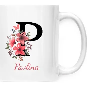 Hrnek malý bílý s potiskem Květinové písmeno P s upravitelným jménem