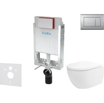 WC sada kielle Set předstěnové instalace, klozetu Oudee Vortex, sedátka softclose a tlačítka Gemini III, matný chrom - 30505SZ77