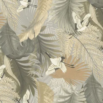 Tapeta Emiliana Parati Vliesová tapeta na zeď, šedo-béžová, listy, jeřábi v letu, 73823, Tendenze, Emiliana Parati, velikost 10,05 x 1,06 m