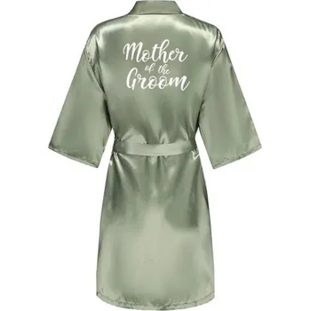 Dámské noční prádlo Zelený dámský župan z umělého hedvábí Elegantní lehký župan na zavazování s nápisem MOTHER OF THE GROOM Stylový oděv pro matku ženicha S