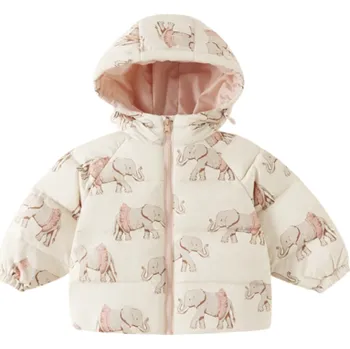 Dětská zimní bunda unisex s motivem slonů na zip s kapucí Hřejivé polyesternové vlákno Lehká teplá prošívaná zimní bunda pro chlapce i dívky každodenní nošení 12-18 měsíců