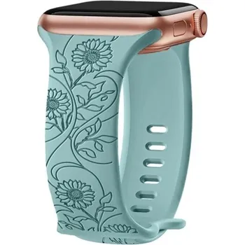 Ostatní příslušenství k chytrým hodinkám Květinový gravírovaný řemínek 42 44 45 46 49 mm pro Apple Watch Series 1–10 SE SE2 Ultra Silikonový pásek s motivem velkých slunečnic zelená
