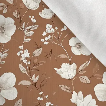 Zbytek - Látka matná na plavky, fitness oblečení bílé květiny Via na mocha mousse