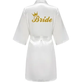Dámské noční prádlo Bílý dámský svatební župan z umělého hedvábí Župan na zavazování s nápisem BRIDE Elegantní lehký župan pro nevěstu na přípravy XS