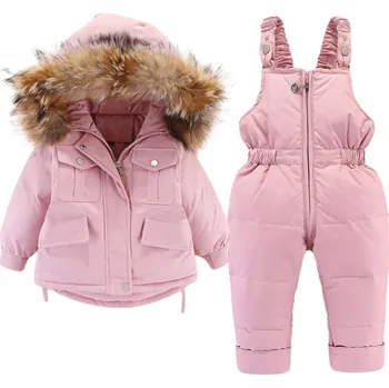 Dětská zimní bunda a overal unisex na zip a patenty s kapucí s kožichem Teplá péřová sada z polyesterového vlákna Hřejivé zimní oblečení růžová 12-18 měsíců