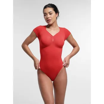 Body Tvarující a stahující body s krátkým rukávem, tanga, ČERVENÉ Velikost: M