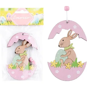 Velikonoční dekorace Dřevěný závěs 2 ks - 70×110 mm, zajíček s růřovým vajíčkem