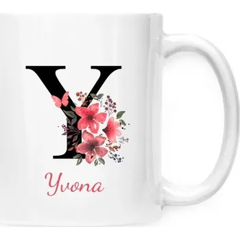 Hrnek malý bílý s potiskem Květinové písmeno Y s upravitelným jménem