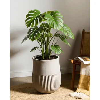 Květináč Květináč šedý hliněný malovaný kulatý 36 x 36 x 46 cm vysoký vnitřní i venkovní obývací pokoj zahrada Beliani