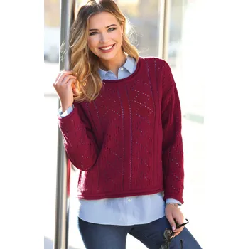 Dámský svetr Ažurový pulovr s rolovaným zakončením růžová XL