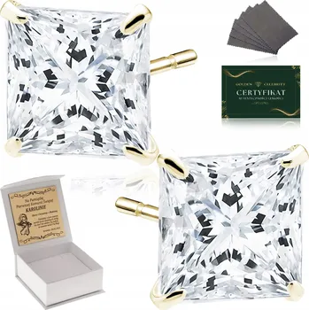 Náušnice ZÁŘIVÉ ZLATÉ STŘÍBRNÉ NÁUŠNICE PRO DÍVKY 585 ČTVERCOVÉ ZIRKONY 7 MM