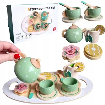 Dřevěná hračka Dětská kuchyňská sada dřevěné hračky příslušenství ČAJOVÁ SOUPRAVA 15 dílů