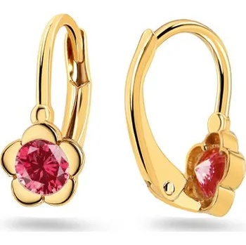 Náušnice Dětské náušnice ve tvaru kytičky s simulovaným rodolitem, žluté zlato 14K IZ31673 + dárkové balení LUXUS zdarma