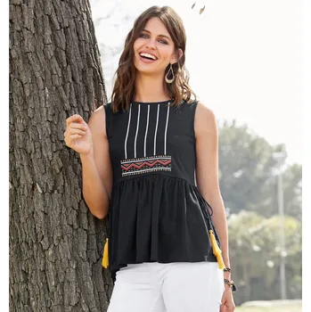 Volánový top s výšivkou černá M