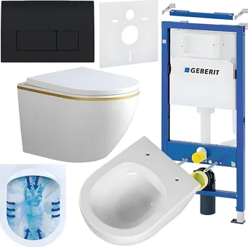 Klozet BPS-koupelny Podomítkový modul Geberit DuoFix s WC mísou PK-WH-GL-RIM-02 + ovládací tlačítko Delta 50 černá lesk