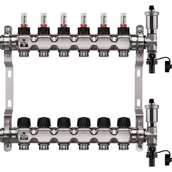 rozdělovač topení Wigell Podlahový rozdělovač WIGELL, 6 okruhů, nerez + automatické odvzdušňování 8481.80.90