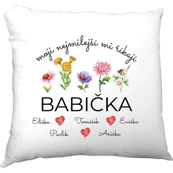 Dekorativní polštářek Polštář saténový s potiskem Moji nejmilejší mi říkají babička se jmény pěti vnoučat