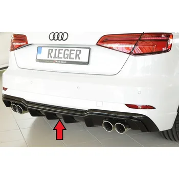 Nárazník Rieger vložka zadního nárazníku pro Audi A3 8V 3-dvéř. (hatchback 8V1), 5-dvéř. (sportback 8VA) po faceliftu, plast ABS lakovaný do černé lesklé barvy, pro dvojité koncovky na obou stranách 4x90 mm