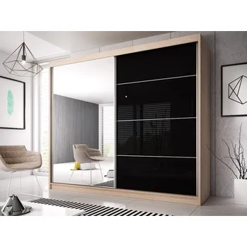 Šatní skříň MURPHY 31 šatní skříň 180, dub sonoma/černý pololesk/zrcadlo