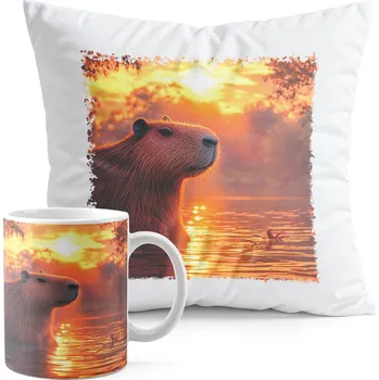 SADA HRNEK + POLŠTÁŘ S POTISKEM - ZVÍŘATA KAPYBARA MÓDNÍ