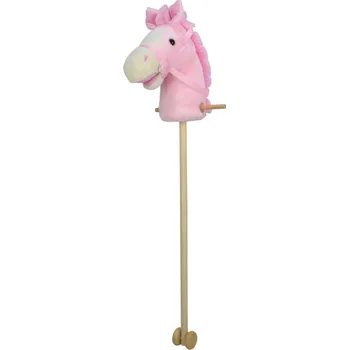 Růžový kůň na tyči 95 cm, se zvukem koně. S kolečky, odnímatelná dřevěná tyč
