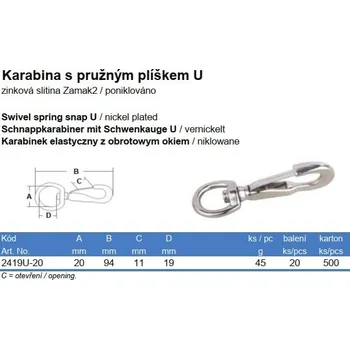 karabina Karabina s pružným plíškem U, 94x20mm, Ni