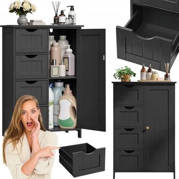 Komoda Černá koupelnová skříňka se 4 zásuvkami a dvířky 55x82x30cm, volně stojící, 4 zásuvky