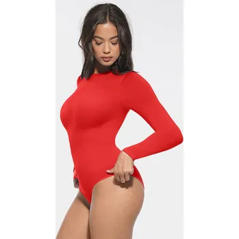 Body Tvarující a stahující body s dlouhým rukávem, klasické kalhotky, ČERVENÉ Velikost: M