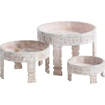 Konferenční stolek Sada 3 masivních odkládacích stolků Chakki z mangového dřeva, bílá